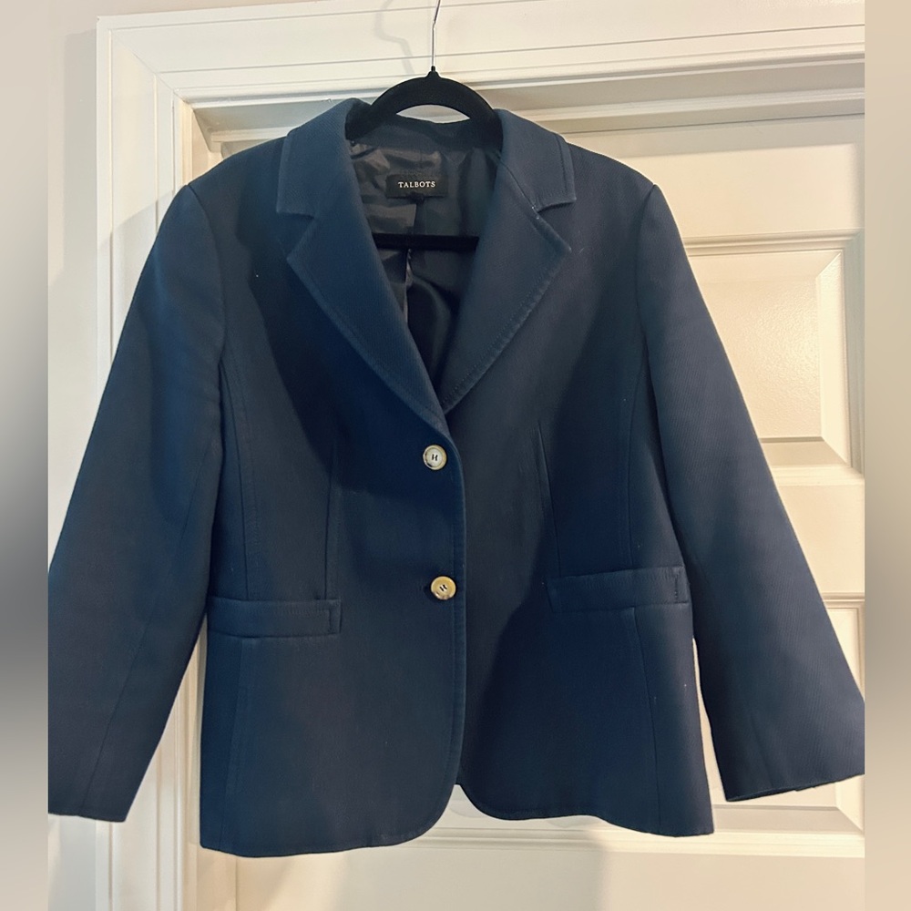 Talbots Woven Cotton Blend Navy Blue Blazer Size 16‎